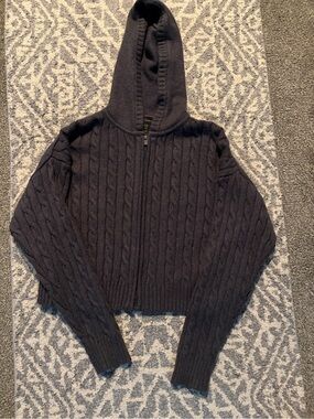 House of Harlow Cropped Hooded Cable-Knit Zip Sweater - Dark Grey